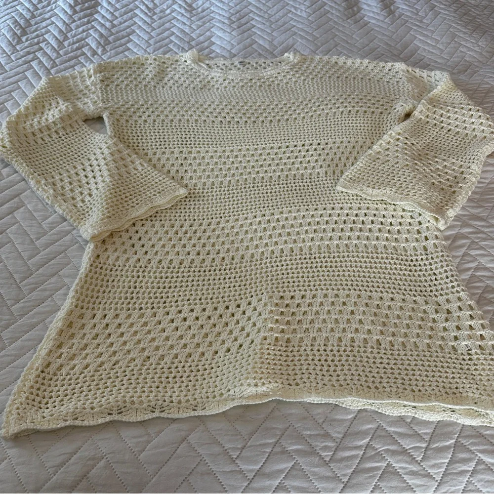 Cream Crochet Open Knit Sweater Tunic | Coastal Boho Beach Coverup Size M